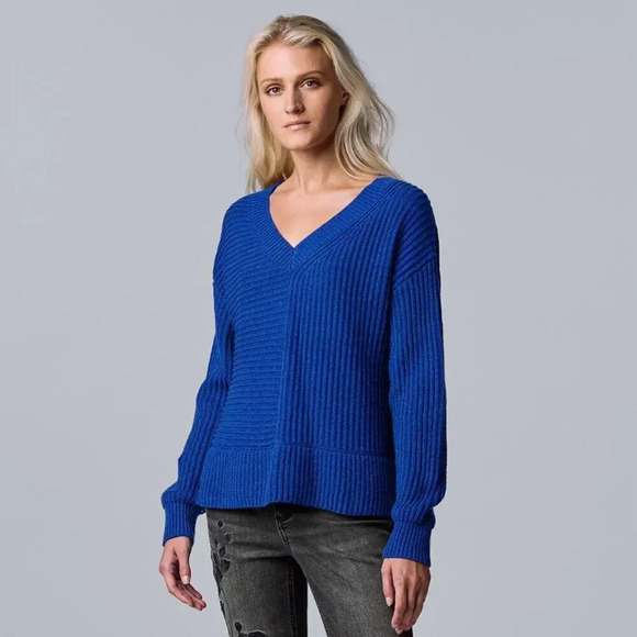 Simply Vera Vera Wang Women’s Small Ribbed V-Neck Sweater in‎ Vera Blue - Picture 1 of 8